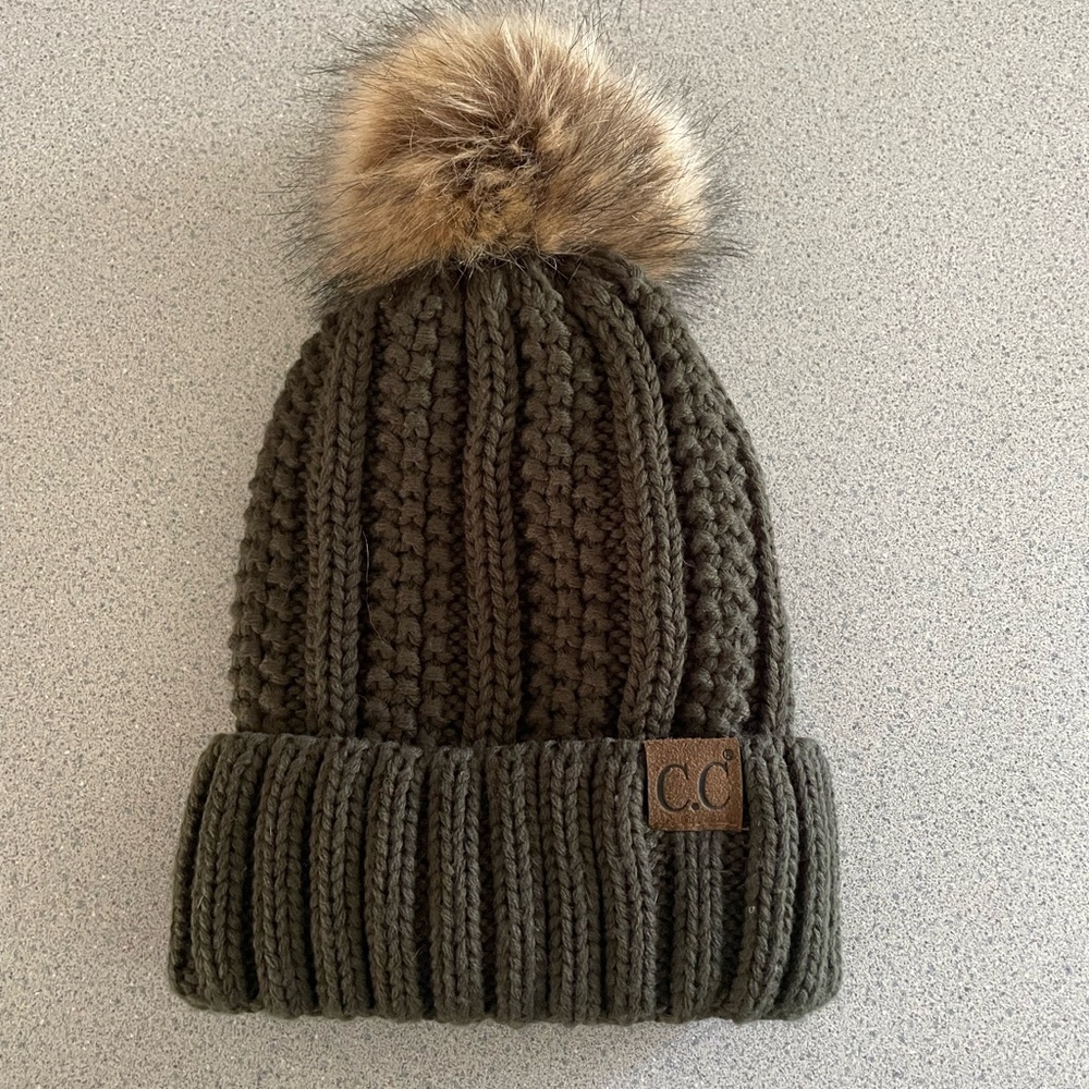 CC Olive Green Knit Beanie Hat with Faux Fur Pom